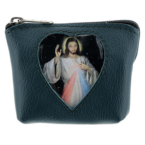 Etui na różaniec Jezus Miłosierny, zielona skóra, 7x9x3 cm 1