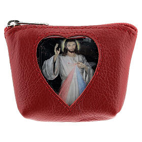 Rosenkranztäschchen, aus Leder, rot, Gnadenbild vom Barmherzigen Jesus, 7x9x3 cm