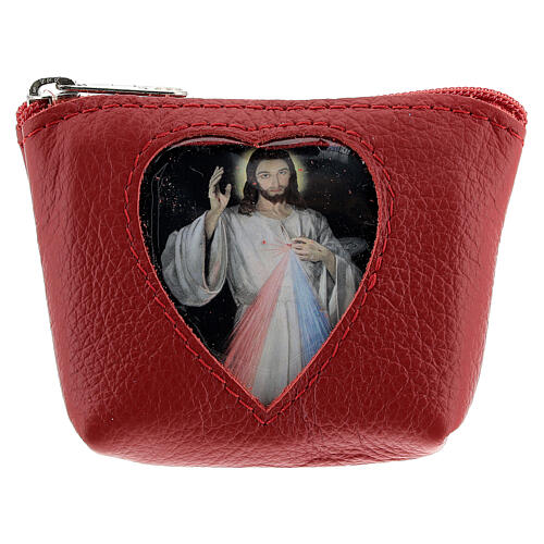 Caja para rosario cuero rojo Jesús Misericordioso cierre cremallera 7x9x3 cm 1