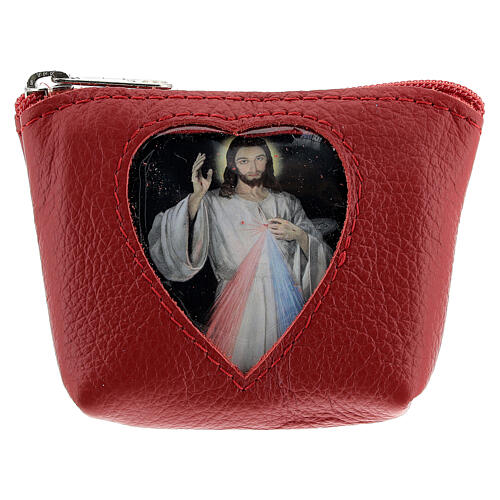 Etui na różaniec Jezus Miłosierny, skóra czerwona, 7x9x3 cm 1