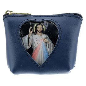 Pochette pour chapelet coeur Christ Miséricordieux cuir bleu 7x9x3 cm