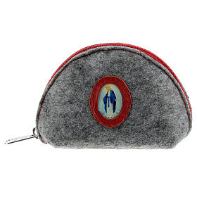 Immaculate Virgin rosary case grey felt and red leather 3x4x2 in