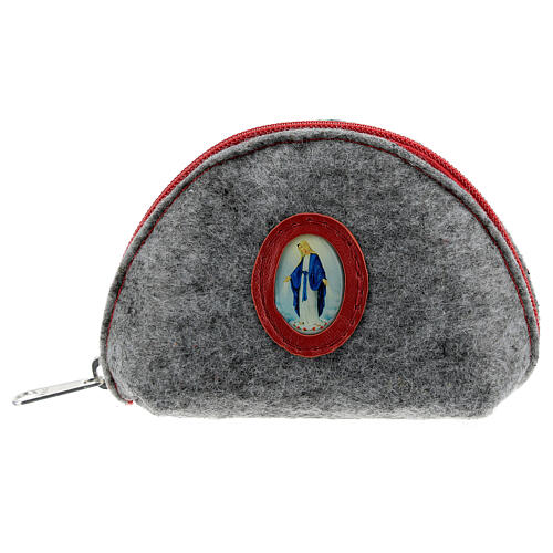 Immaculate Virgin rosary case grey felt and red leather 3x4x2 in 1