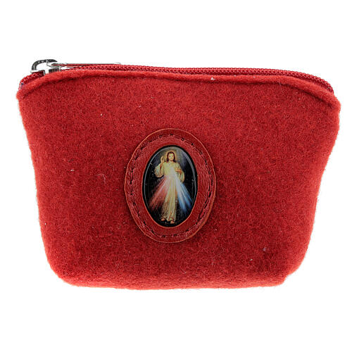 Rosenkranztäschchen, roter Filz und rotes Leder, Gnadenbild vom Barmherzigen Jesus, 7x10x3 cm 1