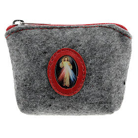 Astuccino portarosario Gesù Misericordioso feltro grigio pelle 7x10x3 cm
