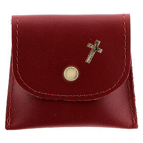 Red leather rosary case golden cross 6.5x8 cm