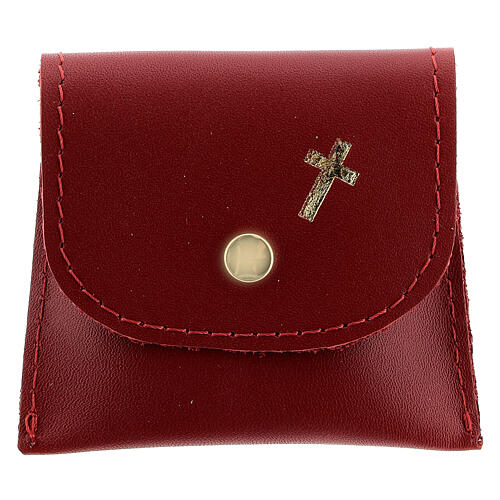 Red leather rosary case golden cross 6.5x8 cm 1
