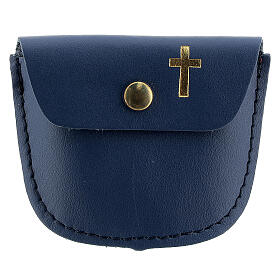 Custodia portarosario pelle blu scuro croce dorata 6,5x8 cm