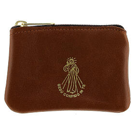 Astuccio portarosario zip pelle marrone Divina Misericordia 6,5x9 cm