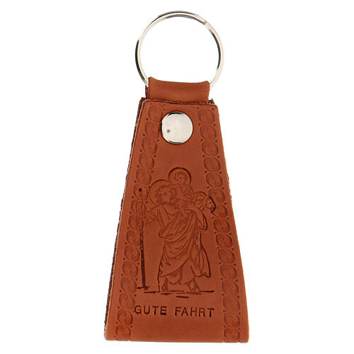 "Gute Fahrt" Schlüsselanhänger aus Leder mit dem Heiligen Christophorus, 9 cm 1