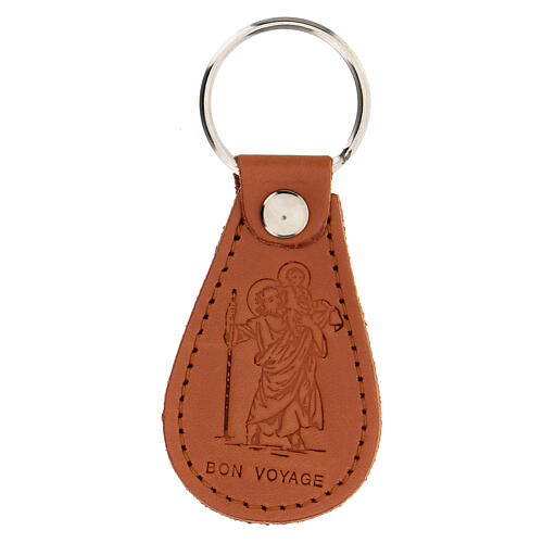 St Christopher keychain Bon Voyage brown leather 1