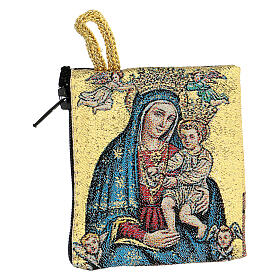 Porta-terço tecido Nossa Senhora com Menino Jesus e São Pio de Pietrelcina 6,5x8 cm