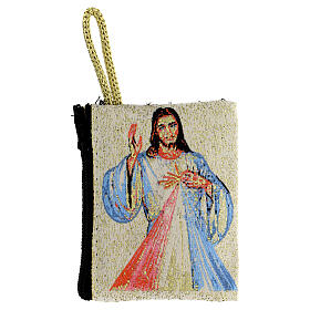 Rosenkranztäschchen aus Stoff, Gnadenbild vom Barmherzigen Jesus, 5x7 cm