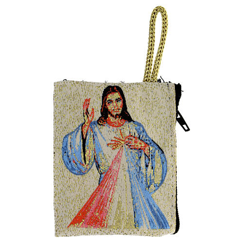 Rosenkranztäschchen aus Stoff, Gnadenbild vom Barmherzigen Jesus, 7x8 cm 2