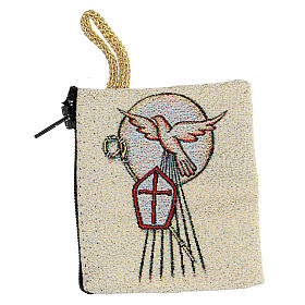 Etui na różaniec z tkaniny, symbole Bierzmowania, 7x7 cm