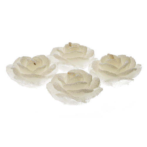 Christmas candles, white roses with glitter, 4pcs 1