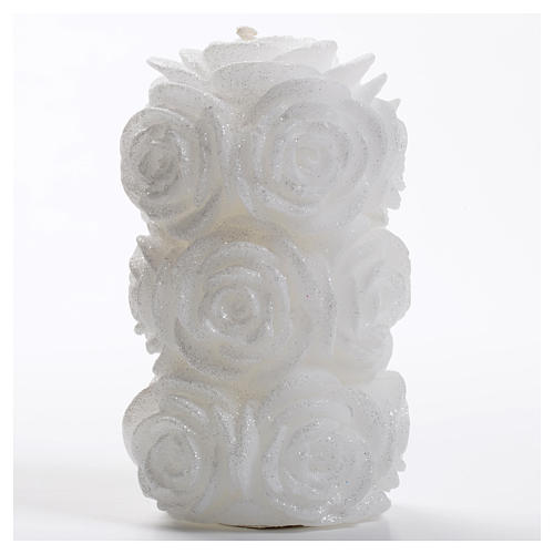 Bougie Noël cylindre blanc roses paillettes 1