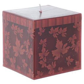 Bougies de Noel: Bougie Noël carrée décor feuilles rouges 7,5 cm