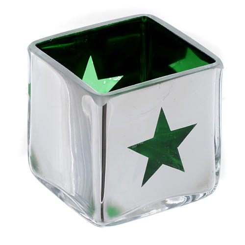 Weihnachtlicher Teelichthalter, Würfelform, mit grünem Dekor, sortiert 3