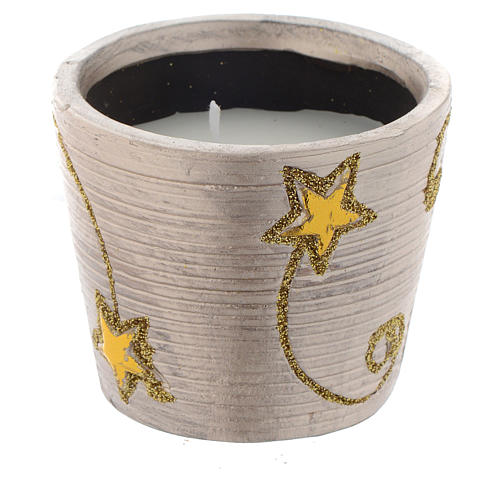 Christmas candle with golden stars in round jar 2