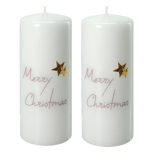 White candles set of 2, Merry Christmas, golden stars, 150x60 mm 1