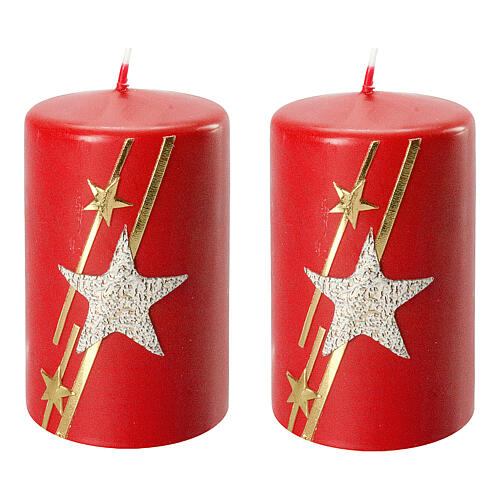 Red candles set of 2, stars and glitter, 100x60 mm 1