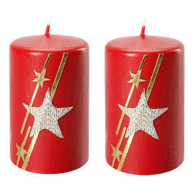 Red Christmas candles with glitter stars 2 piece set 100x60 mm