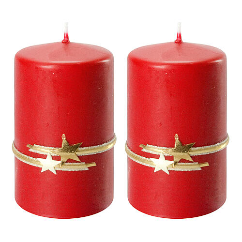 Red Christmas candles set of 2, golden band and stars, 100x60 mm 1