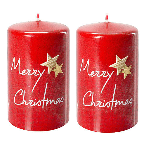Red candles set of 2, Merry Christmas and stars, 100x60 mm 1