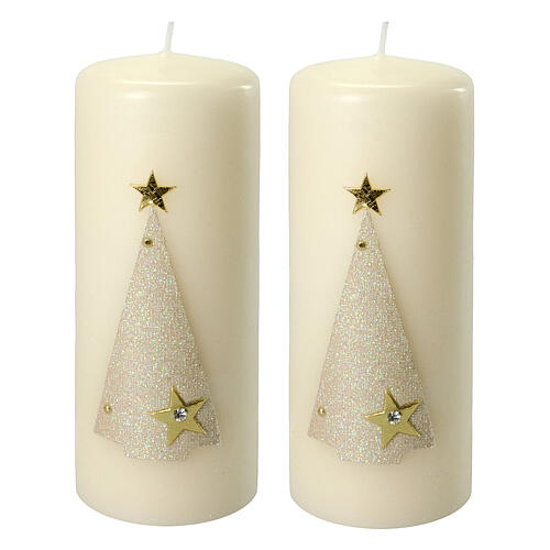 Ivory candles set of 2, glitter Christmas tree and stars, 150x60 mm 1