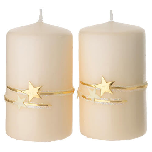 Ivory candles set of 2, golden ring and stars, 100x60 mm 1