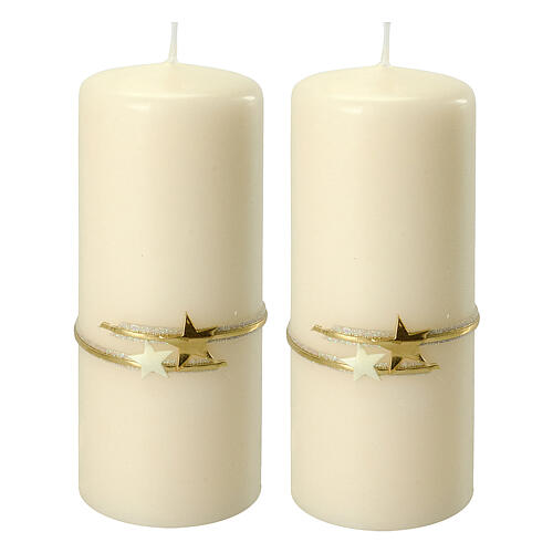 Ivory Christmas candles with golden stars 2 pc set 150x60 mm 1