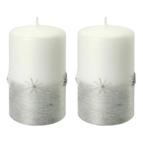 White Christmas candle, silver glitter and snowflakes, 100x60 mm 1