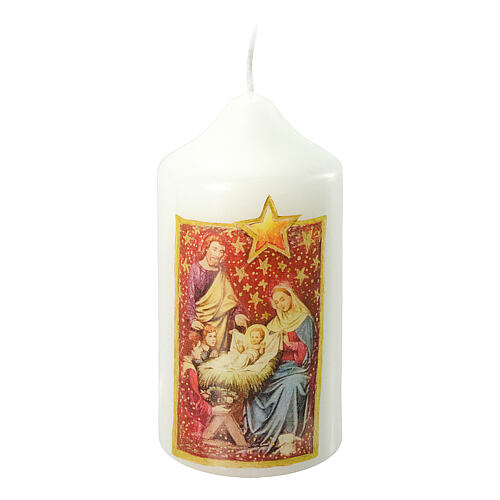 White candle, colourful Nativity Scene, 120x60 mm 1