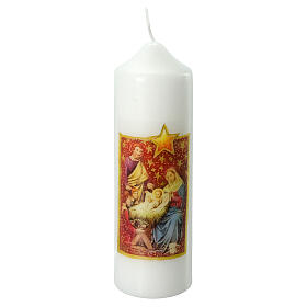 White Christmas candle, colourful Nativity Scene, 165x50 mm