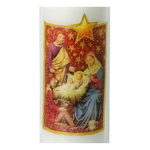 Nativity Family candle red starry background 165x50 mm 2