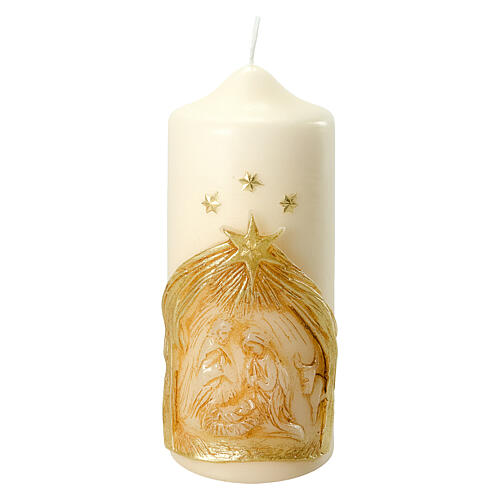 Candle with embossed Holy Family and golden stable, 175x70 mm 1