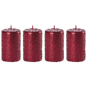 Christmas candles, set of 4, red with glittery flakes, 100x60 mm