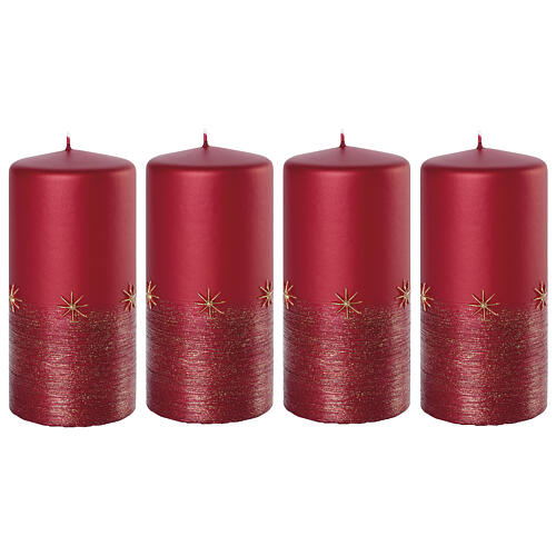 Velas de Natal vermelhas opacas com estrelas douradas 4 unidades, 15x7 cm 1