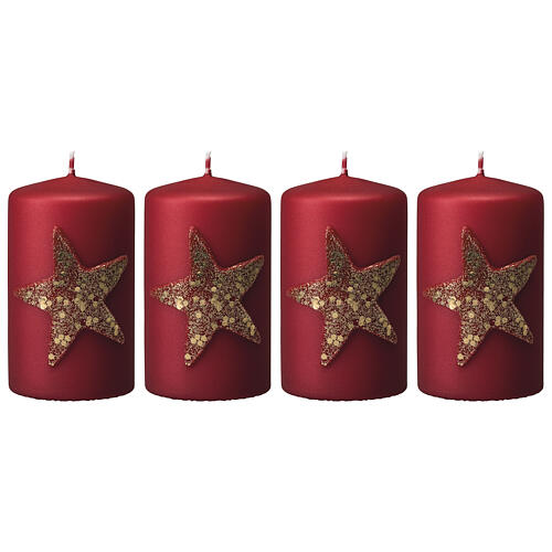 Velas navideñas rojas 4 piezas estrella oro purpurina 150x70 mm 1