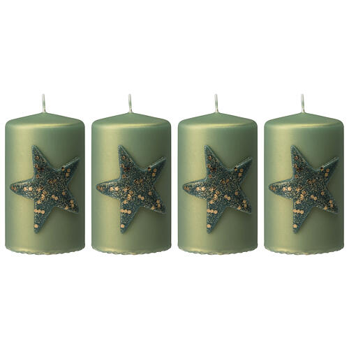 Green Christmas candles 4 pcs with glitter star 100x60 mm 1