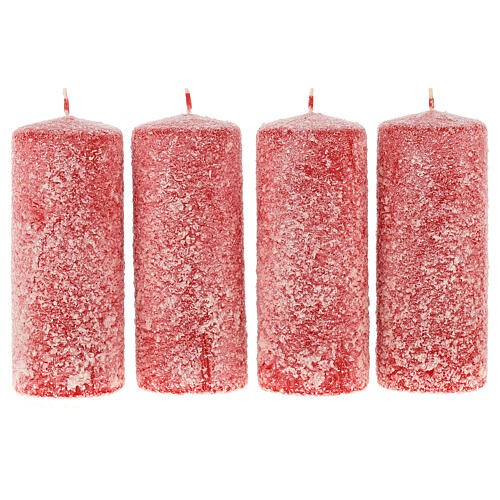 Red candles with white snowflakes, set of 4, 150x60 mm 1