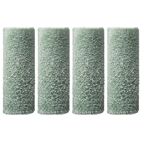 Green candles with snow flakes, Christmas set of 4, 120x50 mm 1