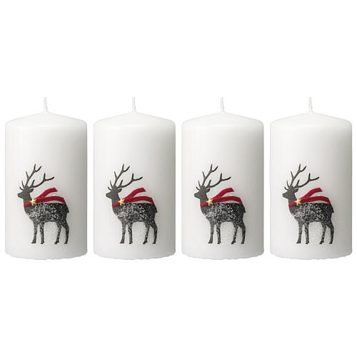 White candles with black reindeer, red scarf, Christmas set of 4, 100x60 mm 1