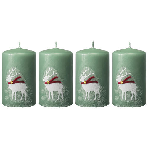 Green Christmas candles 4 pcs white reindeer 100x60 mm 1