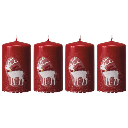 Red candles with white reindeer, Christmas set of 4, 100x60 mm 1