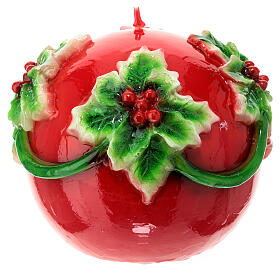 Bougie de Noël sphère rouge avec houx diamètre 15 cm