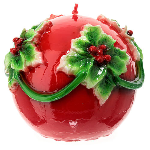 Bougie de Noël sphère rouge avec houx diamètre 15 cm 4