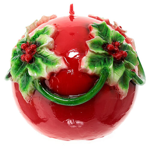 Vela natalina esfera vermelha com azevinho diâmetro 15 cm 3