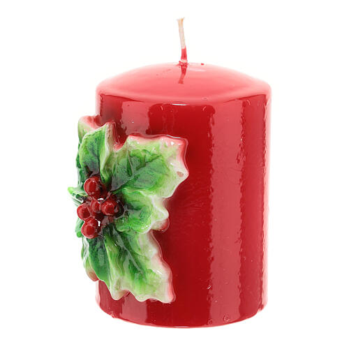 Bougie de Noël rouge avec houx diamètre 8 cm 3